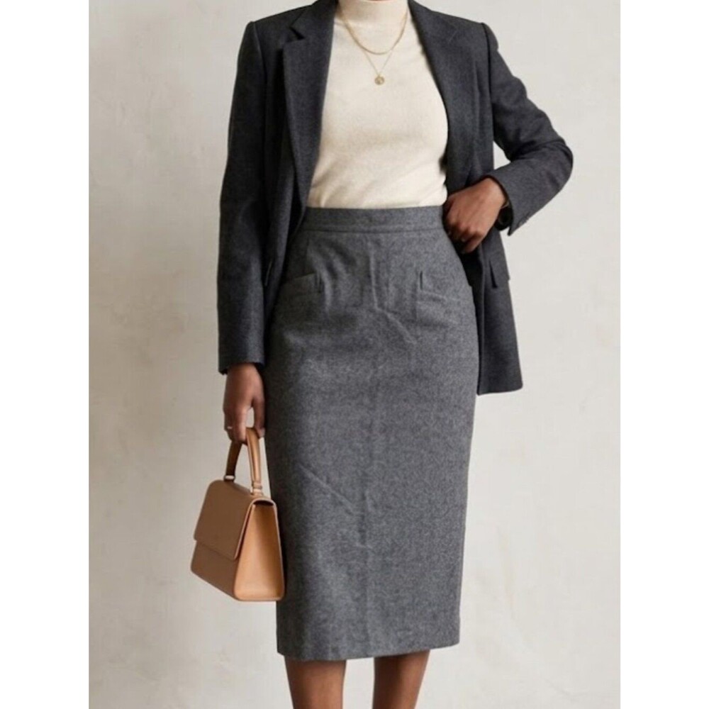 Vintage Jeorge J Wool Gray Midi Skirt High Waist Pencil Skirt Womens 12